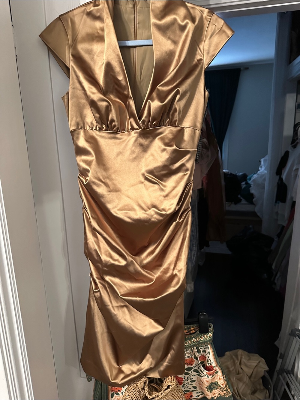 Nichole Miller Collection Gold Satin Deep V Mini Dress